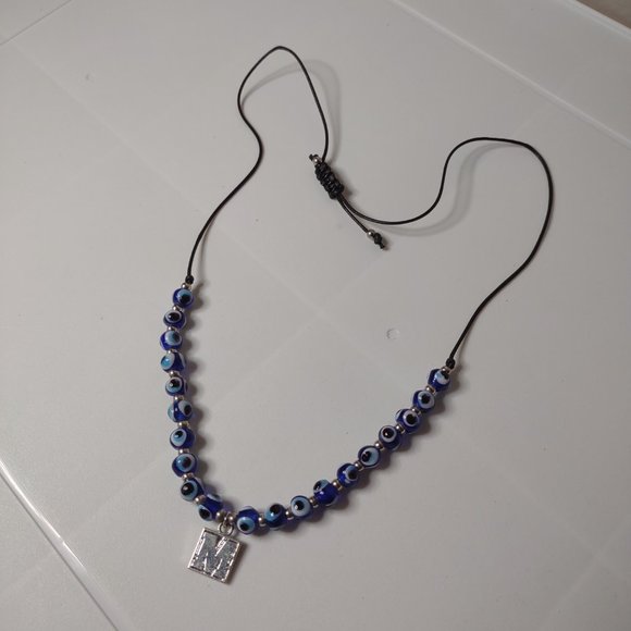 Weird Blue Eyeball Bead Adjustable Length Necklace With Letter M Pendant - Picture 2 of 11